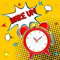 Wake up!! Lettering cartoon vector illustration with alarm clock on yellow halfone background